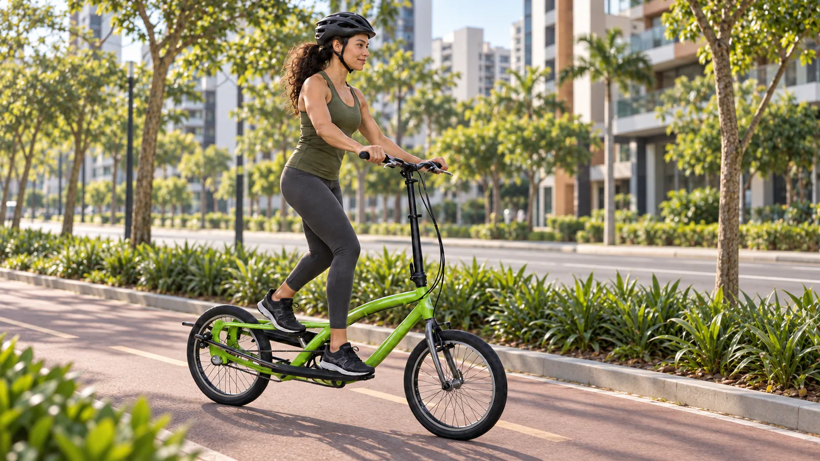 Mulher usando as plataformas de uma bicicleta elíptica OnEll F3.20 verde em uma ciclovia urbana pavimentada.