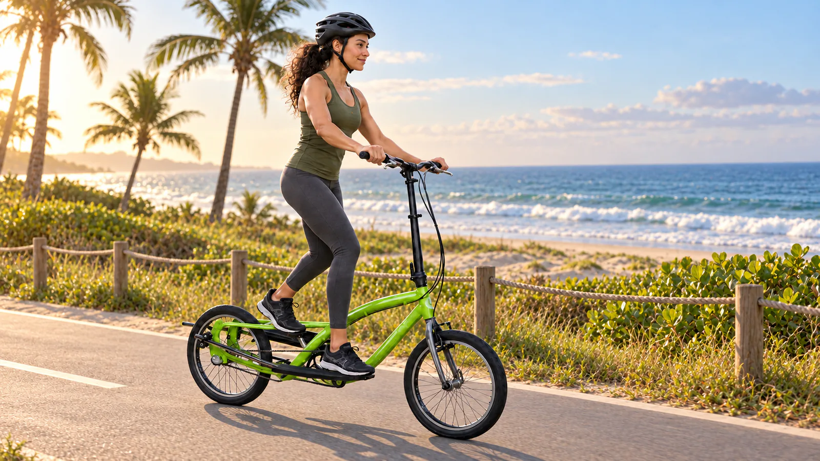 Mulher praticando exercício ao ar livre com uma OnEll F3.20 verde na pista de bicicletas de uma orla.
