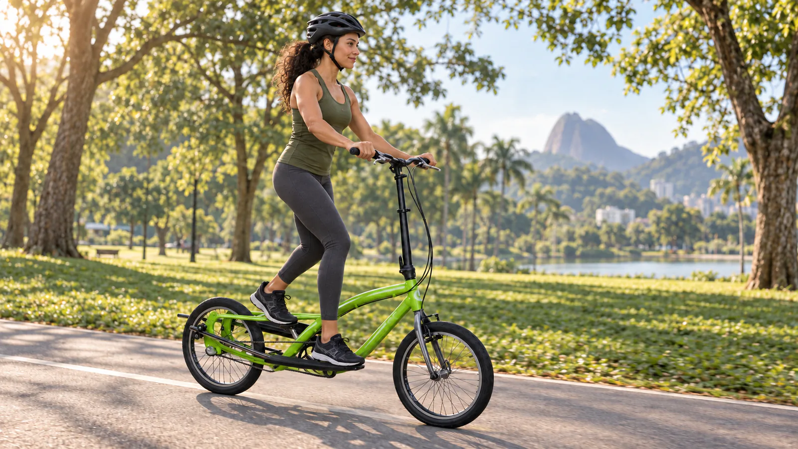 Mulher de capacete treinando em pé em uma bicicleta elíptica OnEll F3.20 verde, em uma ciclovia arborizada de parque.