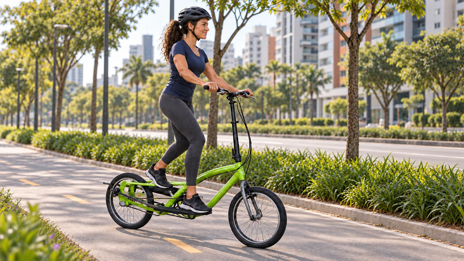 Mulher sobre as plataformas da bicicleta elíptica OnEll F8.20 verde em uma ciclovia urbana separada dos carros.