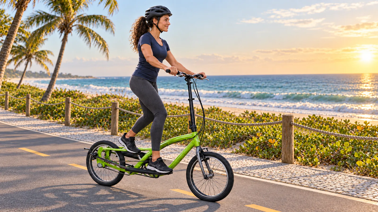 Mulher treinando em uma OnEll F8.20 verde em uma ciclovia de orla, com os dois pés apoiados nas plataformas.