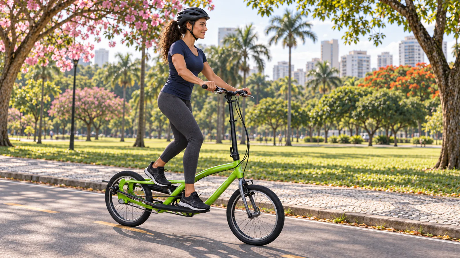 Mulher de capacete fazendo treino em pé com uma bicicleta elíptica OnEll F8.20 verde em um parque arborizado.