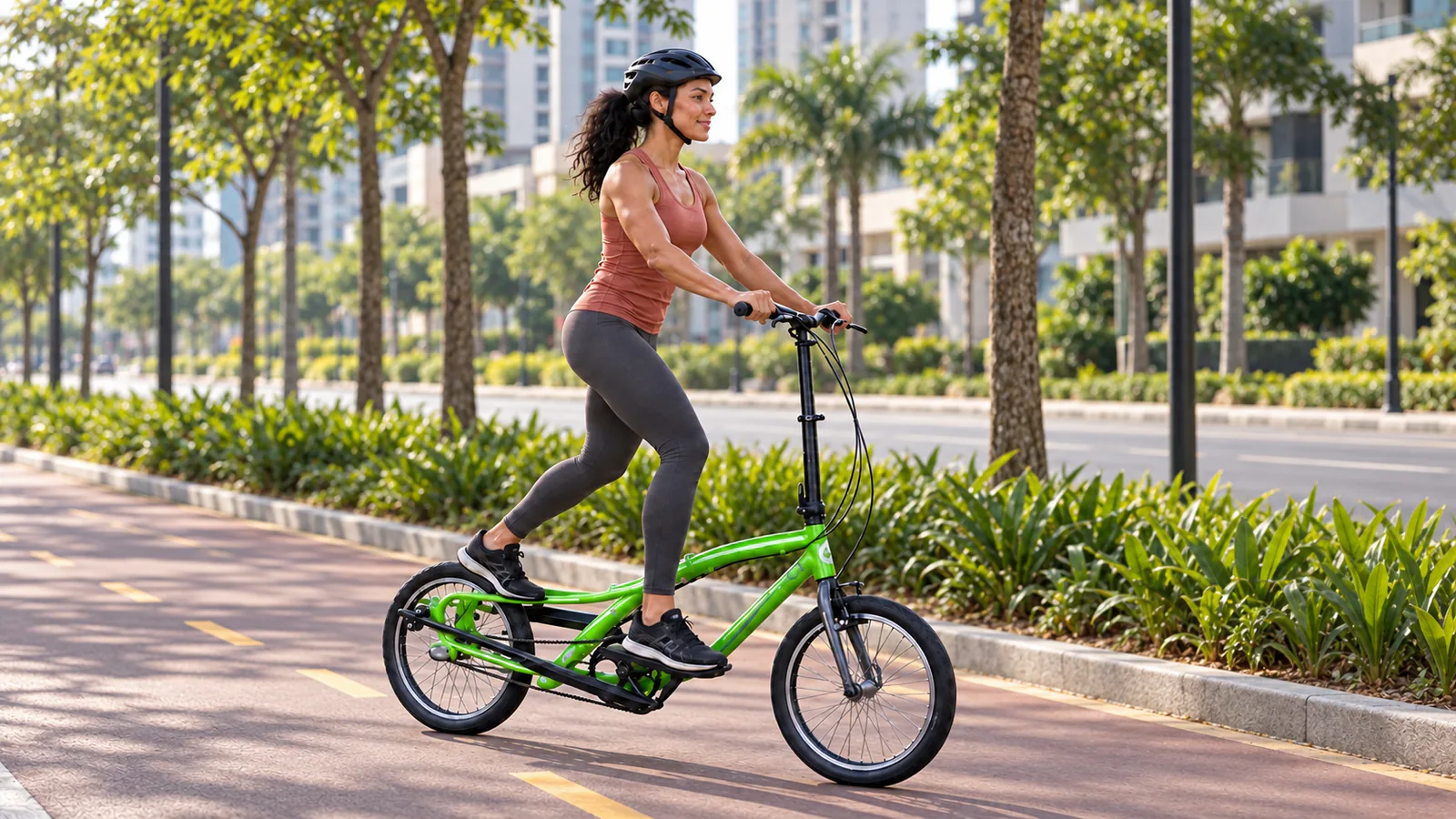 Mulher fazendo exercício com uma bicicleta elíptica OnEll FD3.20 verde, de quadro dobrável, em uma ciclovia urbana.