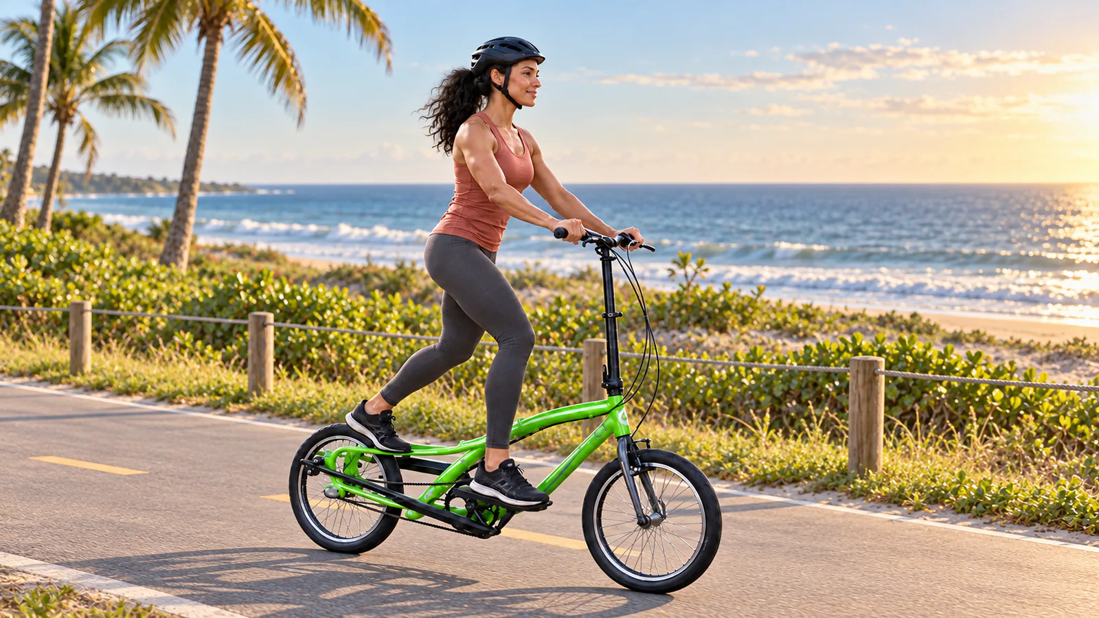 Mulher em uma bicicleta elíptica OnEll FD3.20 verde na pista pavimentada de uma orla, durante um passeio ao ar livre.