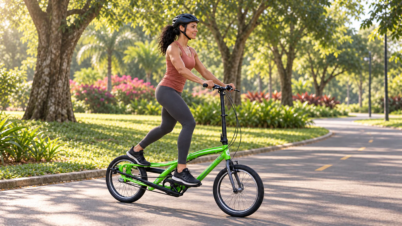 Mulher adulta de capacete usando uma bicicleta elíptica dobrável OnEll FD3.20 verde em uma pista de parque.
