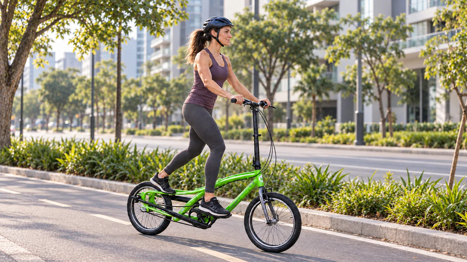 Mulher usando uma bicicleta elíptica OnEll FD8.20 verde, com articulações no quadro, em uma ciclovia urbana.