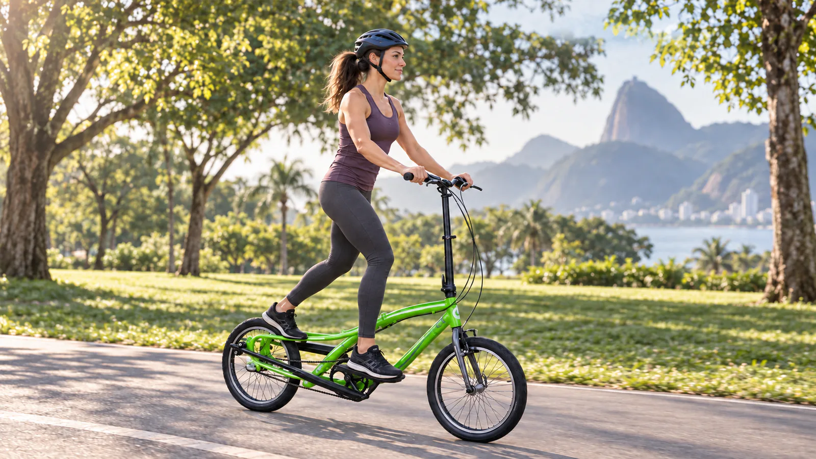Mulher de capacete treinando com uma bicicleta elíptica dobrável OnEll FD8.20 verde em uma ciclovia de parque.