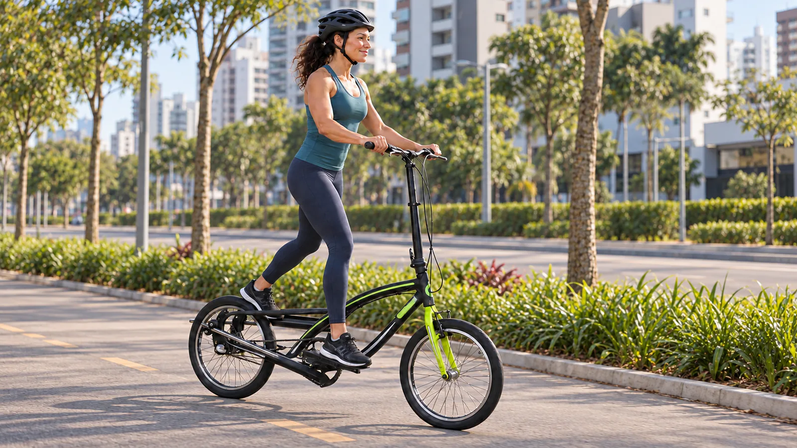 Mulher se exercitando em pé sobre uma OnEll RX3.20 preta, com garfo verde, em uma ciclovia urbana pavimentada.
