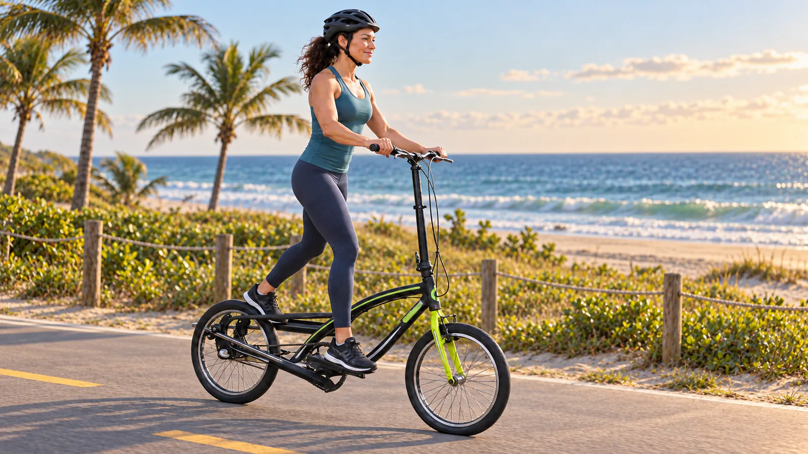 Mulher em uma bicicleta elíptica OnEll RX3.20 preta na ciclovia de uma orla, usando capacete e as plataformas dos pés.