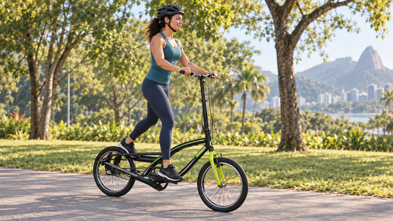 Mulher de capacete treinando em uma bicicleta elíptica OnEll RX3.20 preta com garfo verde em uma pista de parque.